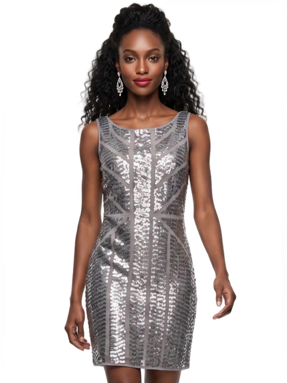 VINCE CAMUTO silver and gray sequined shift midi dress Sleeveless Crew neck S 6